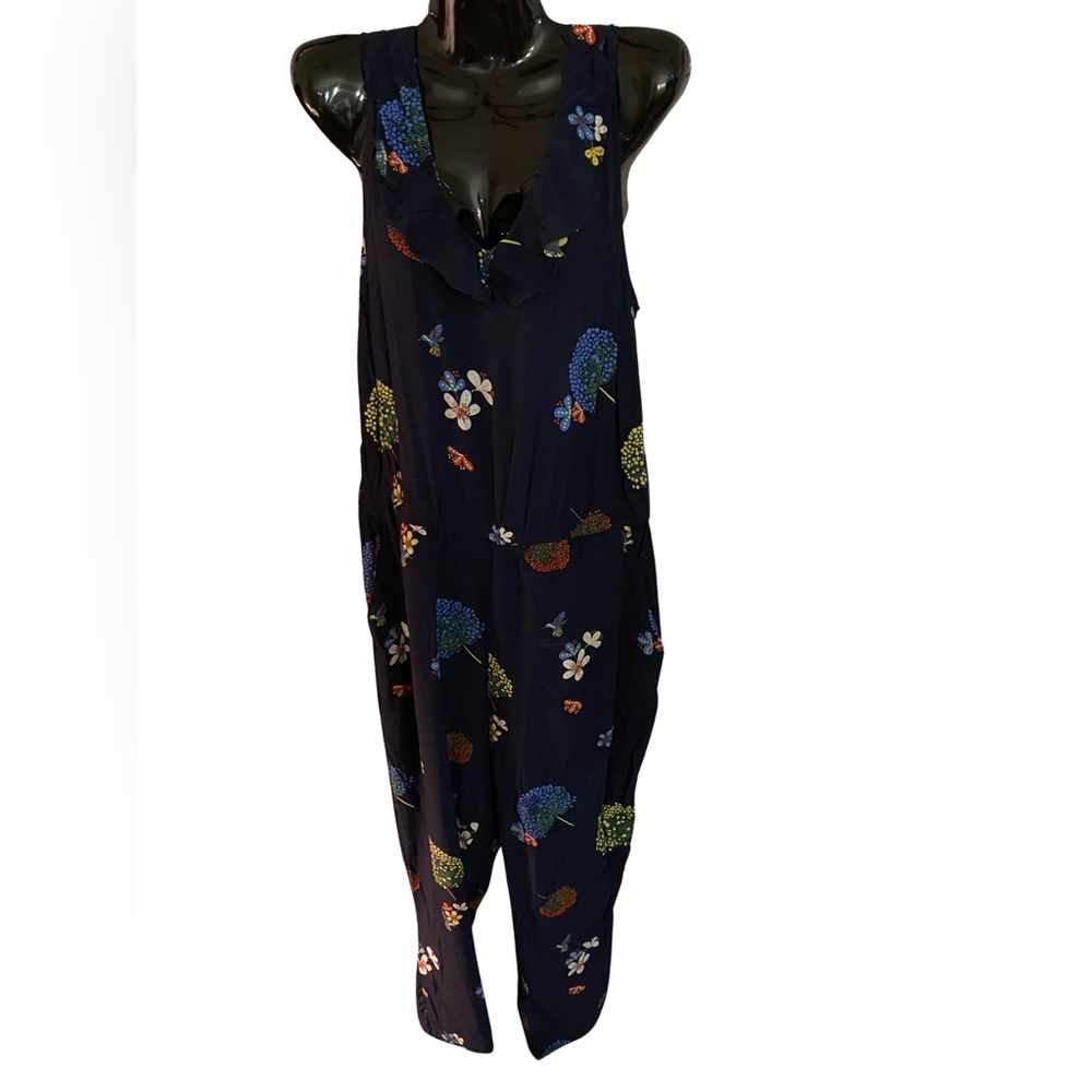 Loft Size 12 Hummingbird Flower Design Open Back Tank Jumpsuit